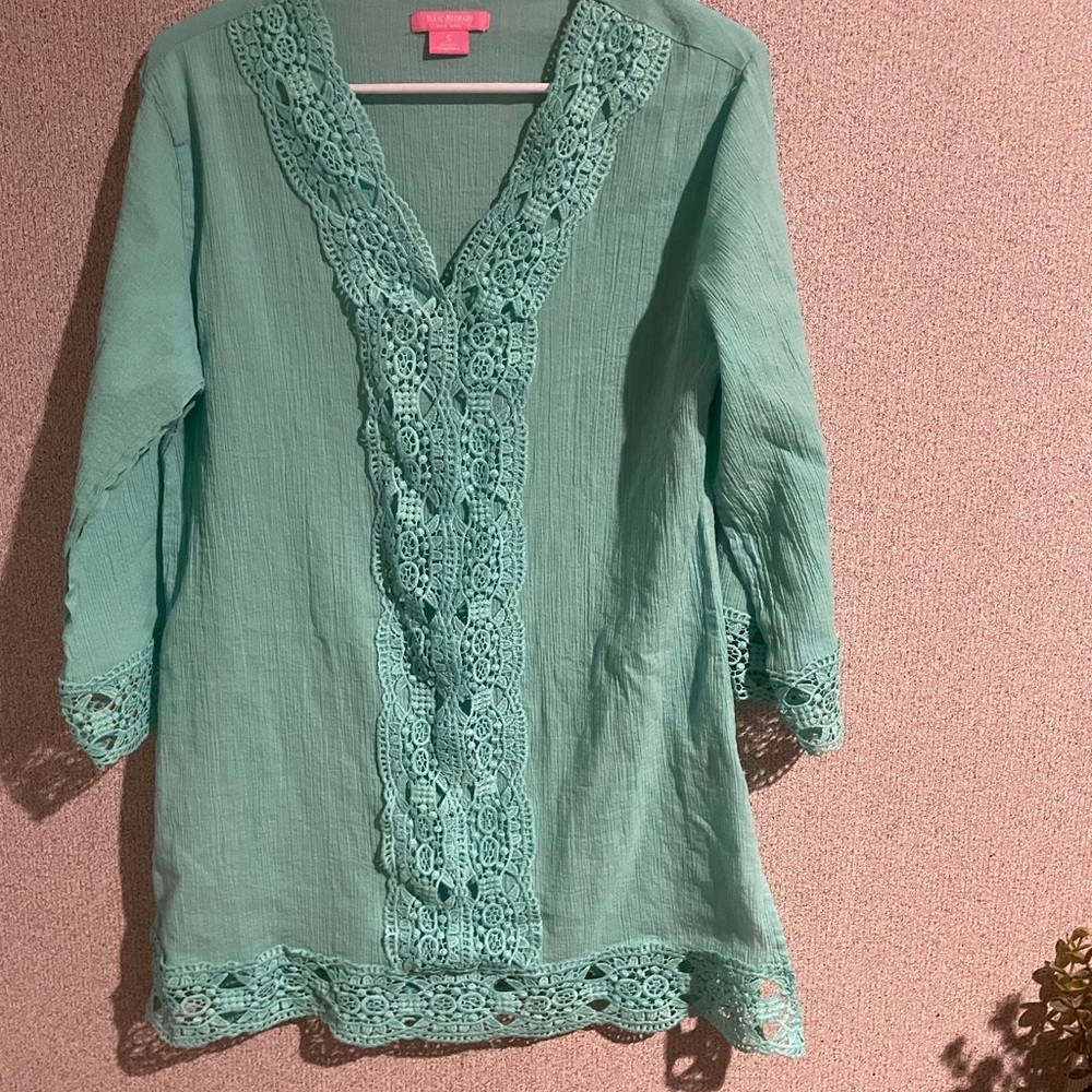 Isaac Mizrahi New York Aqua Mint Green Crochet Lace Trim Gauze Tunic Top Small